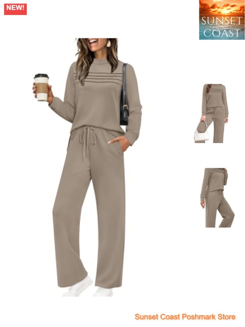Two Piece Set Women Long Sleeve Pleated Top Wide Leg Crop Pants Lounge Travel